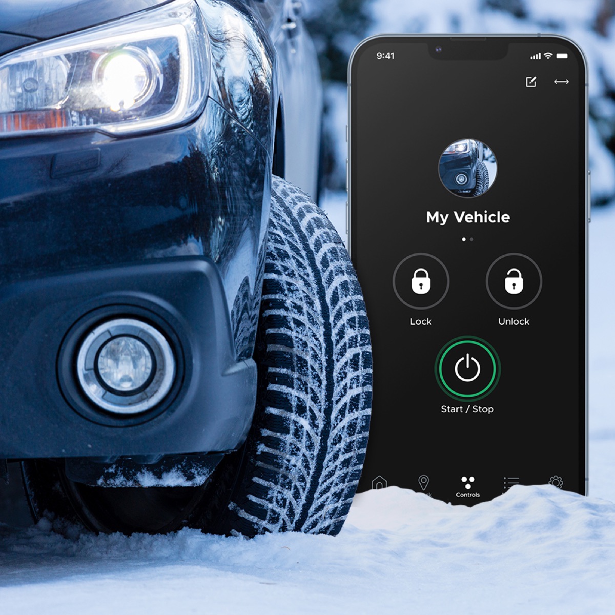 Remote start phone controls beside vehicle in snow